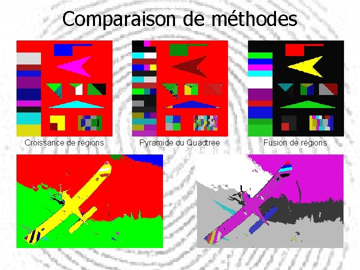 Comparaison de méthodes Croissance de régions Pyramide du Quadtree Fusion de régions 