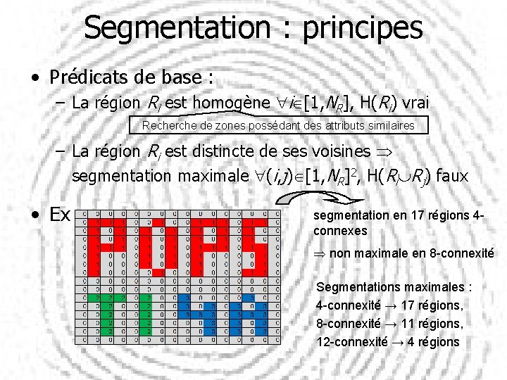 Segmentation : principes • Prédicats de base : – La région Ri est homogène