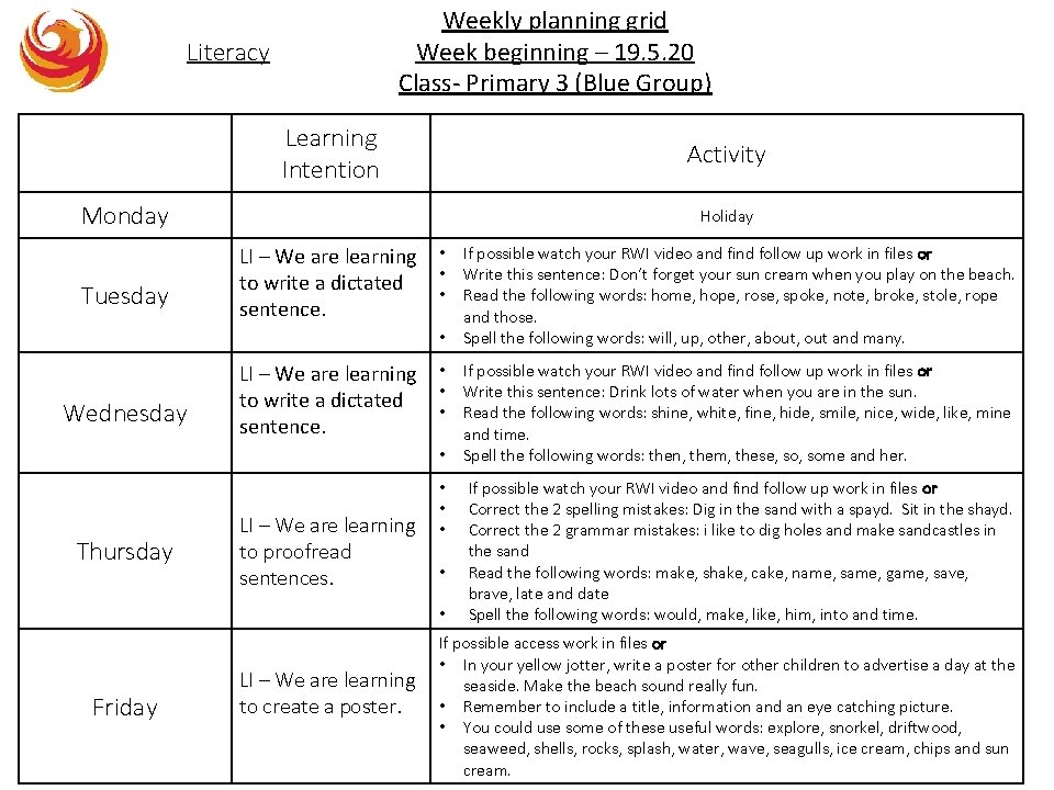 Weekly planning grid Week beginning – 19. 5. 20 Class- Primary 3 (Blue Group)