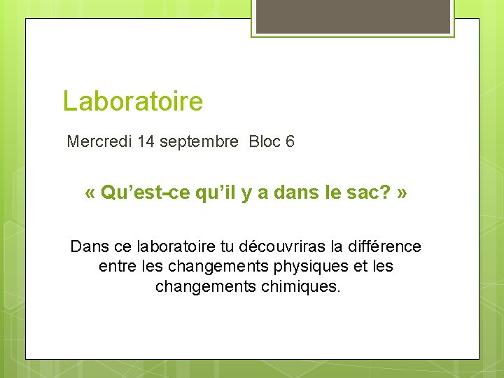 Laboratoire Mercredi 14 septembre Bloc 6 « Qu’est-ce qu’il y a dans le sac?