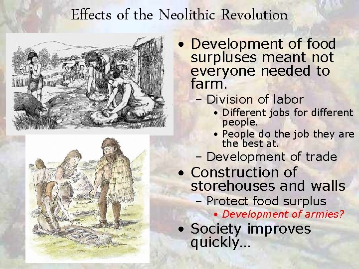 Effects of the Neolithic Revolution • Development of food surpluses meant not everyone needed