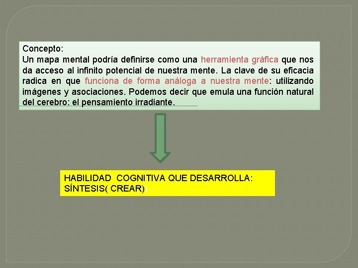 Concepto: Un mapa mental podría definirse como una herramienta gráfica que nos da acceso