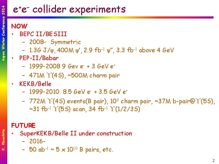 Aspen Winter Conference 2014 e +e – collider experiments NOW • BEPC II/BESIII –