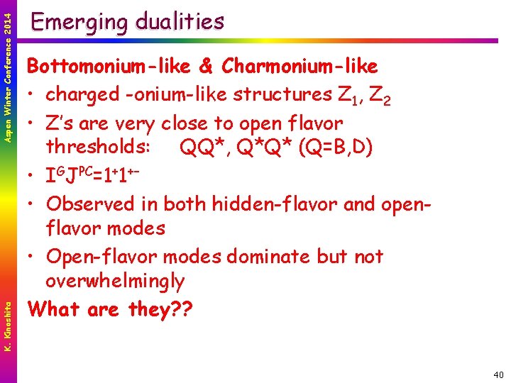 Aspen Winter Conference 2014 K. Kinoshita Emerging dualities Bottomonium-like & Charmonium-like • charged -onium-like