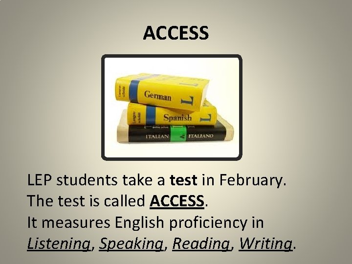 ACCESS LEP students take a test in February. The test is called ACCESS. It