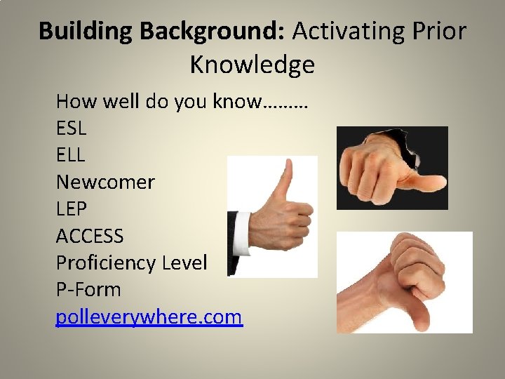 Building Background: Activating Prior Knowledge How well do you know……… ESL ELL Newcomer LEP