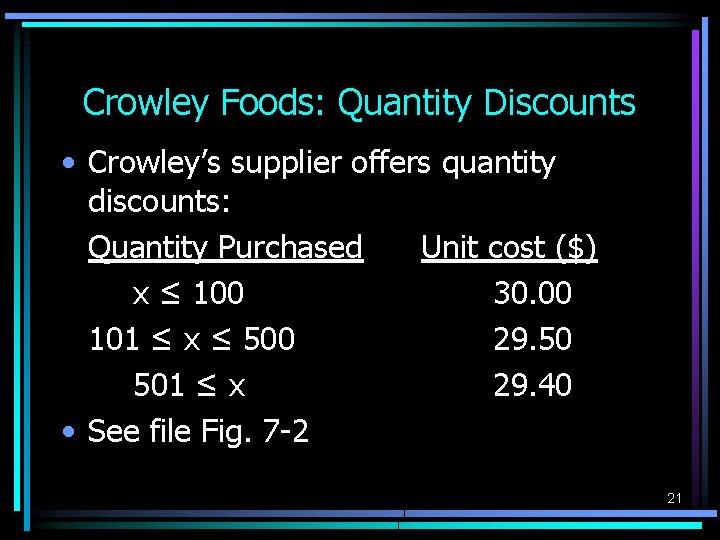 Crowley Foods: Quantity Discounts • Crowley’s supplier offers quantity discounts: Quantity Purchased Unit cost Crowley Foods: Quantity Discounts • Crowley’s supplier offers quantity discounts: Quantity Purchased Unit cost