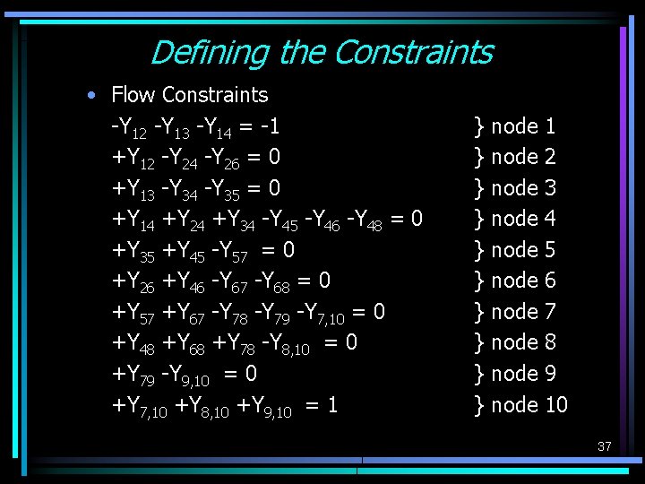 Defining the Constraints • Flow Constraints -Y 12 -Y 13 -Y 14 = -1 Defining the Constraints • Flow Constraints -Y 12 -Y 13 -Y 14 = -1