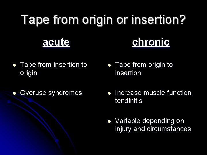 Tape from origin or insertion? acute chronic l Tape from insertion to origin l