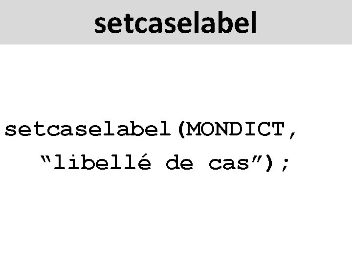 setcaselabel(MONDICT, “libellé de cas”); 