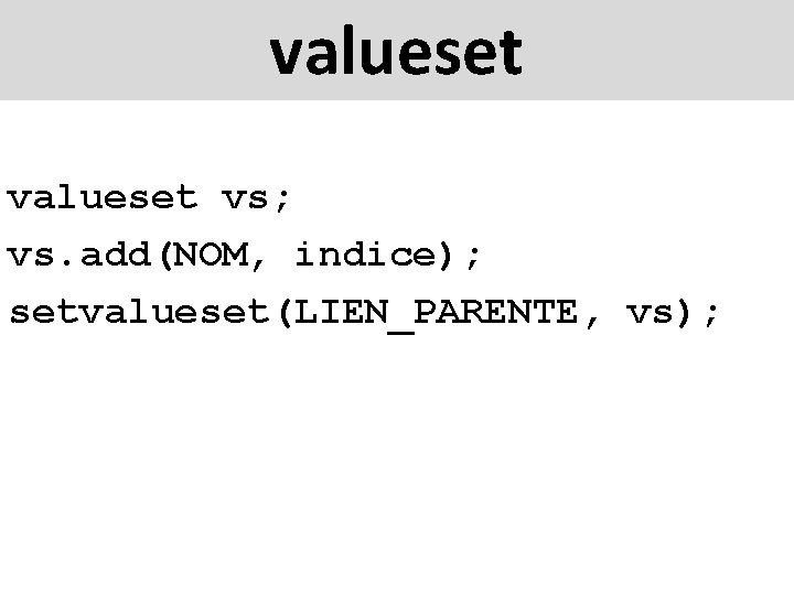 valueset vs; vs. add(NOM, indice); setvalueset(LIEN_PARENTE, vs); 