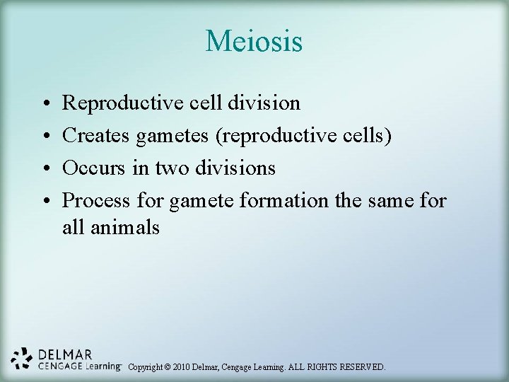 Meiosis • • Reproductive cell division Creates gametes (reproductive cells) Occurs in two divisions