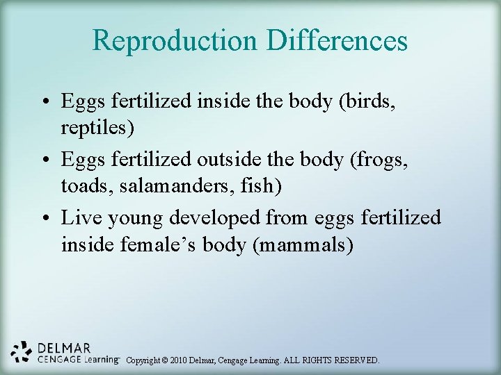 Reproduction Differences • Eggs fertilized inside the body (birds, reptiles) • Eggs fertilized outside