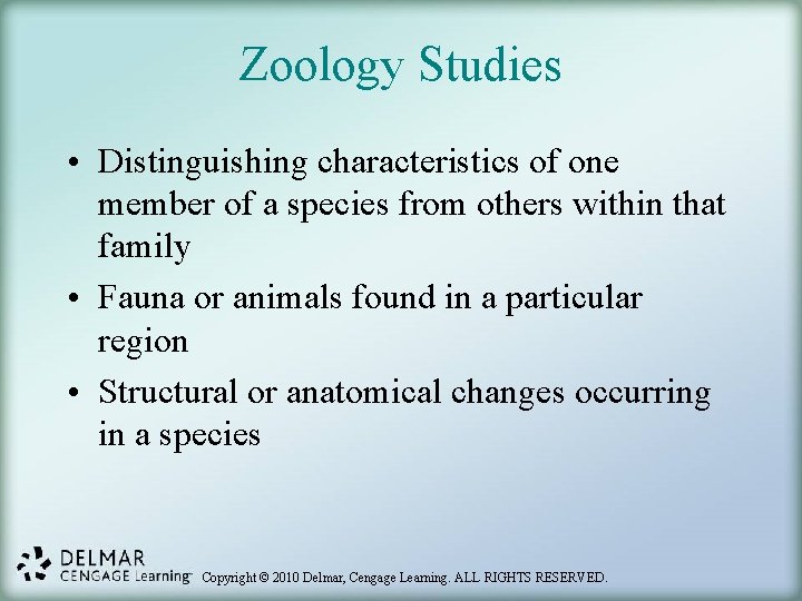 Zoology Studies • Distinguishing characteristics of one member of a species from others within