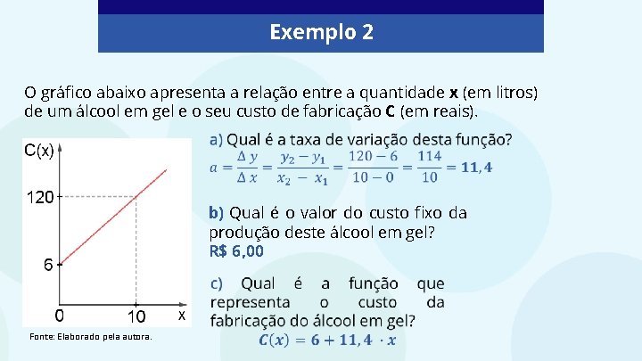 Exemplo 2 O gráfico abaixo apresenta a relação entre a quantidade x (em litros)