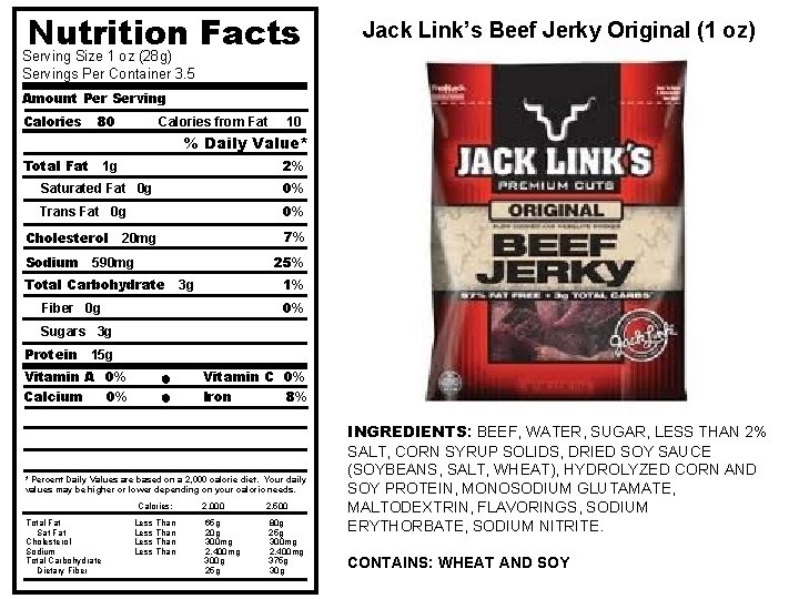 Nutrition Facts Jack Link’s Beef Jerky Original (1 oz) Serving Size 1 oz (28