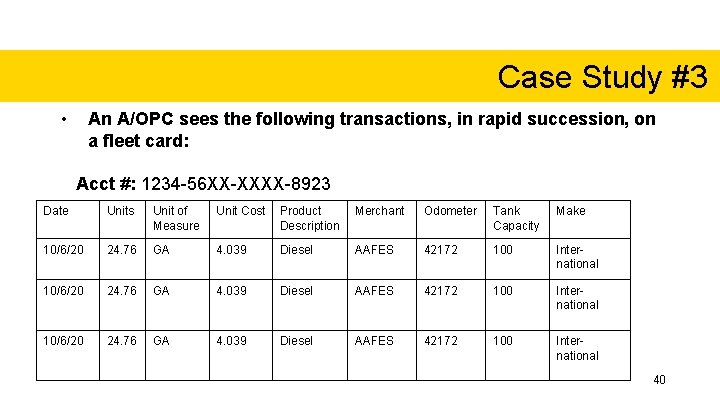 Case Study #3 • An A/OPC sees the following transactions, in rapid succession, on