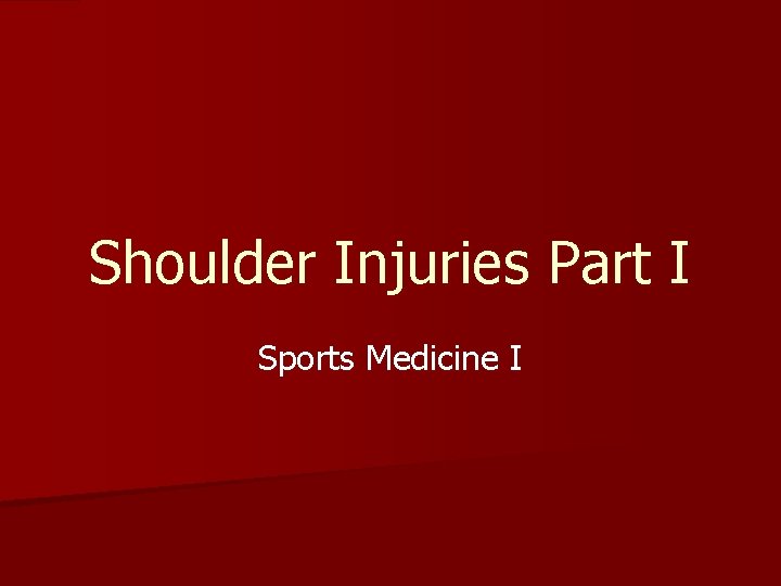 Shoulder Injuries Part I Sports Medicine I 