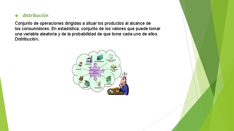  distribución Conjunto de operaciones dirigidas a situar los productos al alcance de los