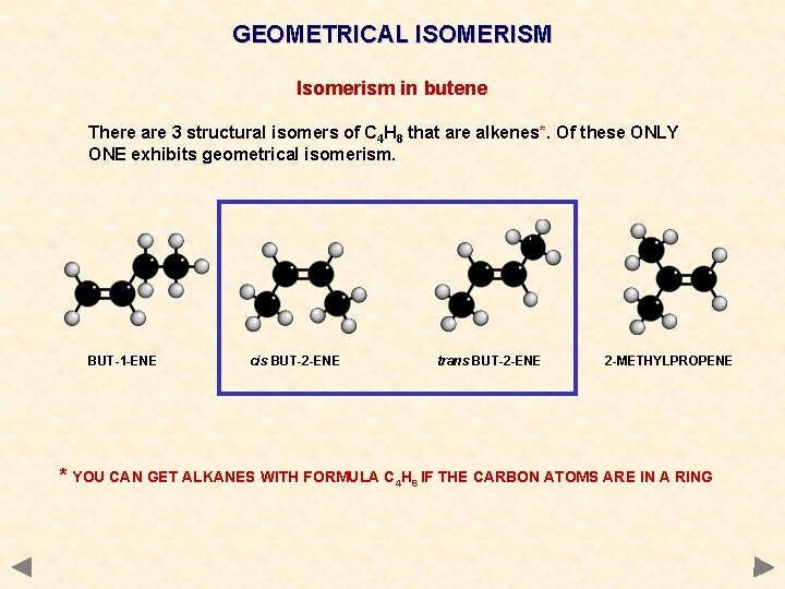 GEOMETRICAL ISOMERISM Isomerism in butene There are 3 structural isomers of C 4 H