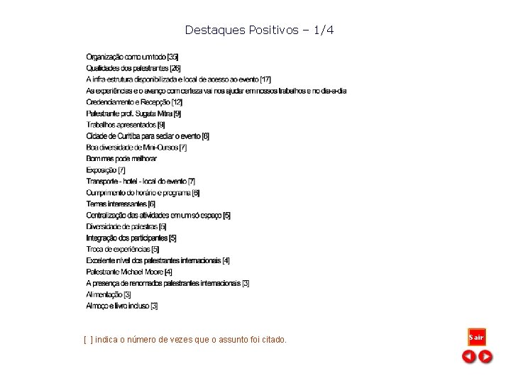 Destaques Positivos – 1/4 [ ] indica o número de vezes que o assunto