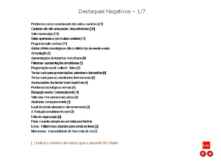 Destaques Negativos – 1/7 [ ] indica o número de vezes que o assunto