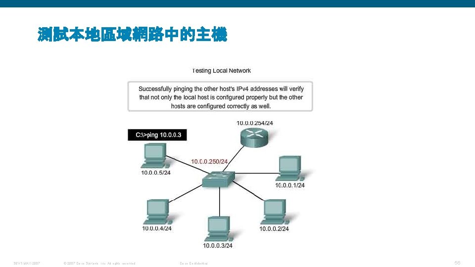 測試本地區域網路中的主機 SEVT-MAY-2007 © 2007 Cisco Systems, Inc. All rights reserved. Cisco Confidential 56 