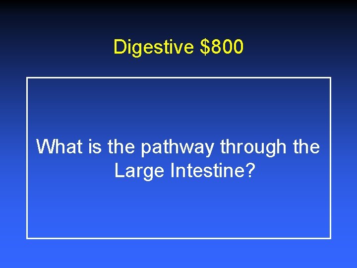 Digestive $800 What is the pathway through the Large Intestine? 