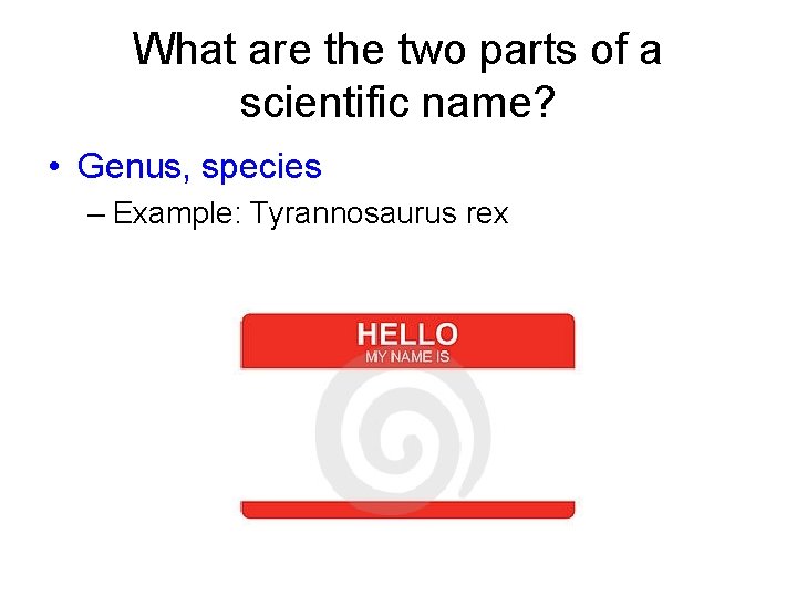 What are the two parts of a scientific name? • Genus, species – Example: