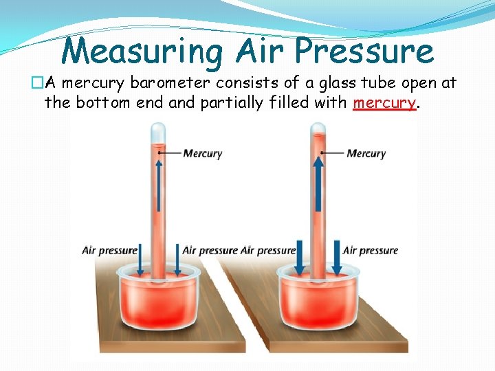 Measuring Air Pressure �A mercury barometer consists of a glass tube open at the