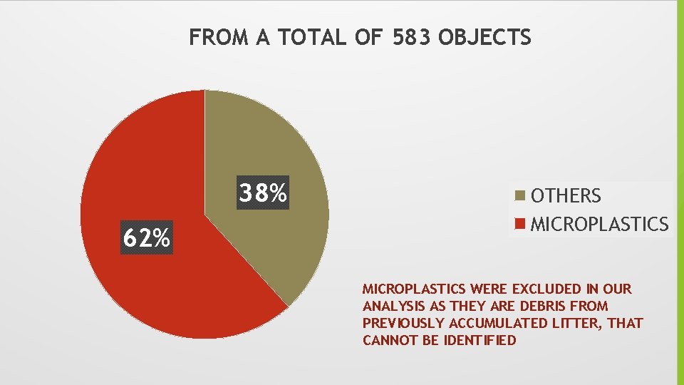 FROM A TOTAL OF 583 OBJECTS 38% 62% OTHERS MICROPLASTICS WERE EXCLUDED IN OUR