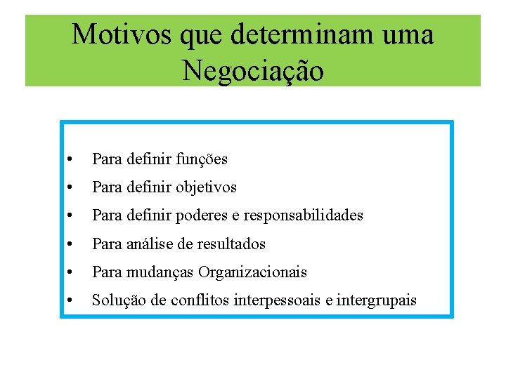 Motivos que determinam uma Negociação • Para definir funções • Para definir objetivos •