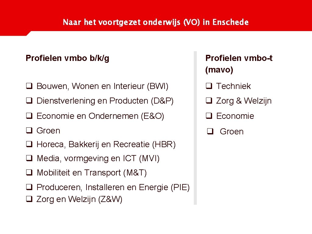 Naar het voortgezet onderwijs (VO) in Enschede Profielen vmbo b/k/g Profielen vmbo-t (mavo) q