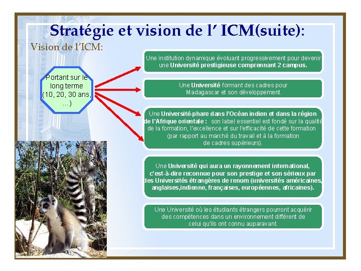 Stratégie et vision de l’ ICM(suite): Vision de l’ICM: Une institution dynamique évoluant progressivement