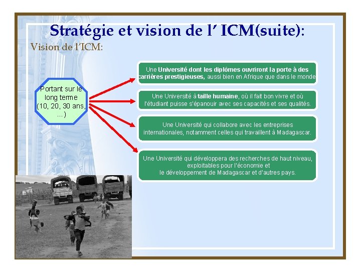 Stratégie et vision de l’ ICM(suite): Vision de l’ICM: Une Université dont les diplômes