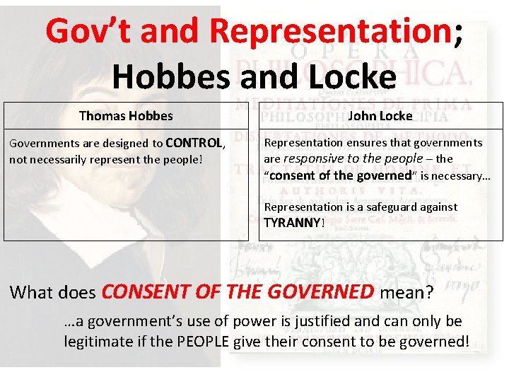 Gov’t and Representation; Hobbes and Locke Thomas Hobbes Governments are designed to CONTROL, not