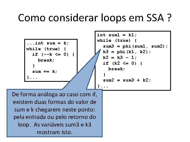 Como considerar loops em SSA ? . . . int sum = k; while