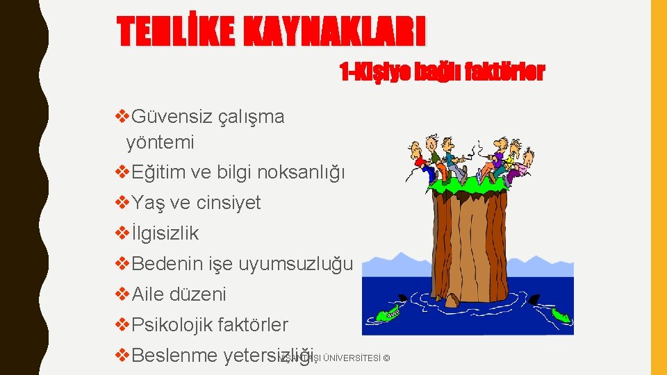 TEHLİKE KAYNAKLARI 1 -Kişiye bağlı faktörler v. Güvensiz çalışma yöntemi v. Eğitim ve bilgi