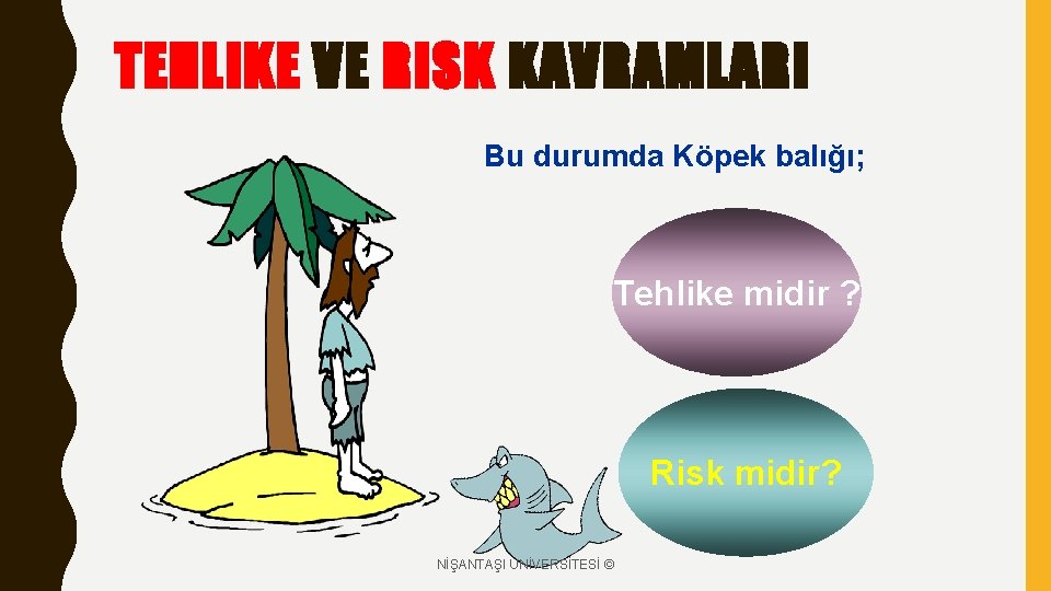 TEHLIKE VE RISK KAVRAMLARI Bu durumda Köpek balığı; Tehlike midir ? Risk midir? NİŞANTAŞI