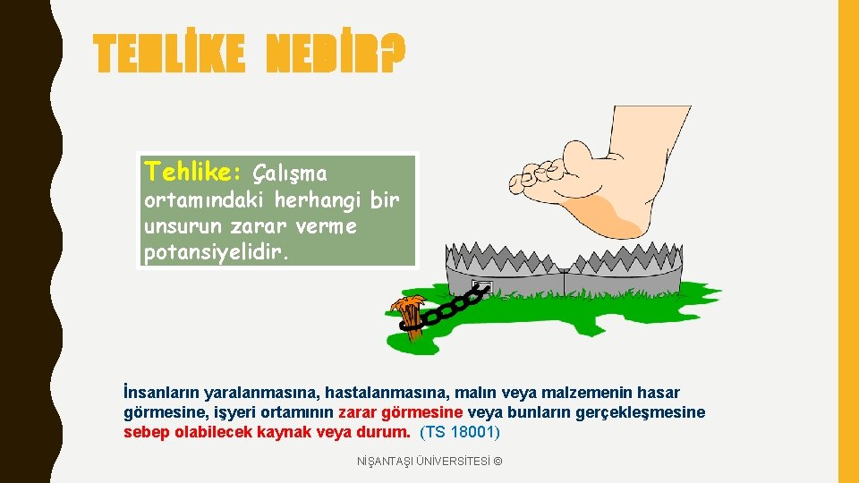 TEHLİKE NEDİR? Tehlike: Çalışma ortamındaki herhangi bir unsurun zarar verme potansiyelidir. İnsanların yaralanmasına, hastalanmasına,