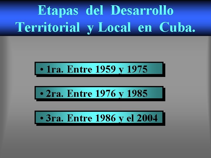 Etapas del Desarrollo Territorial y Local en Cuba. • 1 ra. Entre 1959 y