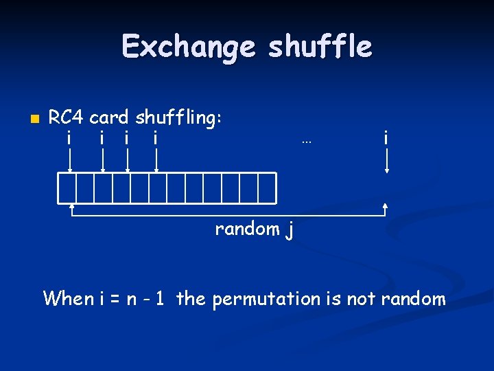 Exchange shuffle n RC 4 card shuffling: i i … i random j When