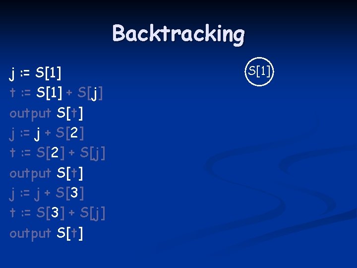 Backtracking j : = S[1] t : = S[1] + S[j] output S[t] j