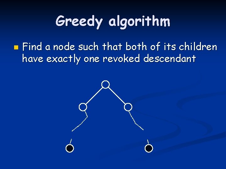 Greedy algorithm n Find a node such that both of its children have exactly