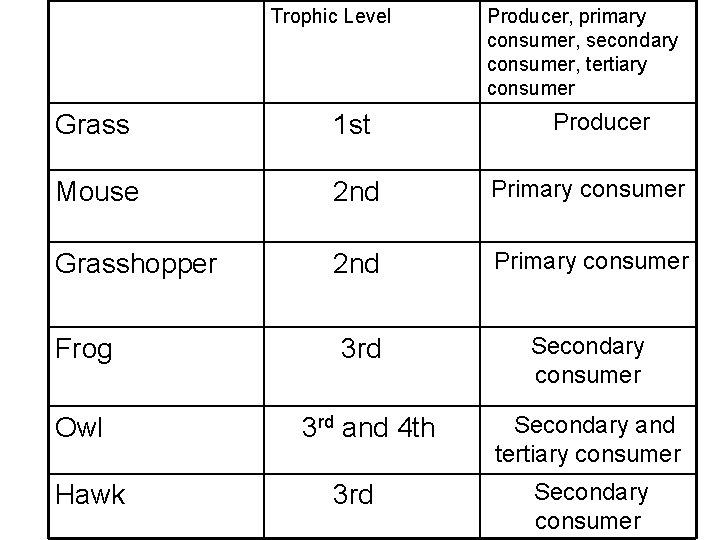 Trophic Level Producer, primary consumer, secondary consumer, tertiary consumer Producer Grass 1 st Mouse