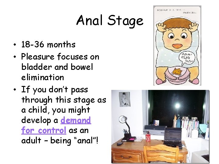 Anal Stage • 18 -36 months • Pleasure focuses on bladder and bowel elimination Anal Stage • 18 -36 months • Pleasure focuses on bladder and bowel elimination