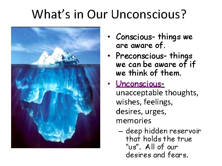 What’s in Our Unconscious? • Conscious- things we are aware of. • Preconscious- things What’s in Our Unconscious? • Conscious- things we are aware of. • Preconscious- things