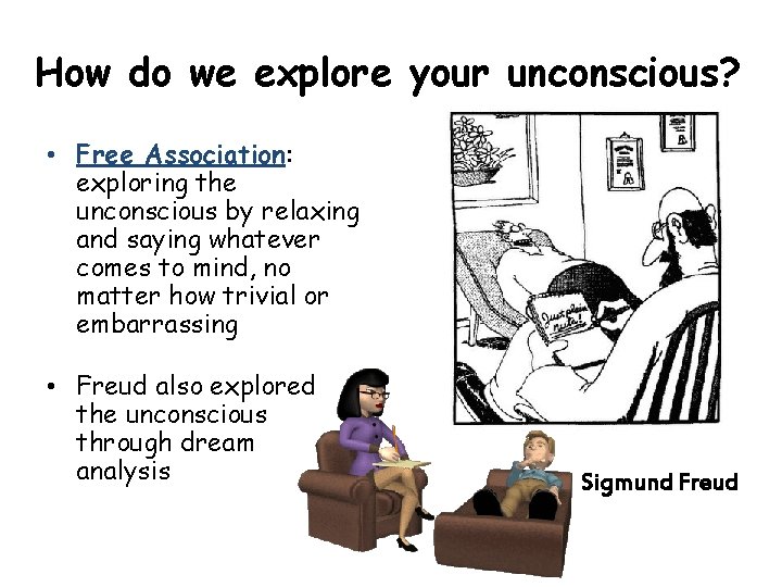 How do we explore your unconscious? • Free Association: exploring the unconscious by relaxing How do we explore your unconscious? • Free Association: exploring the unconscious by relaxing