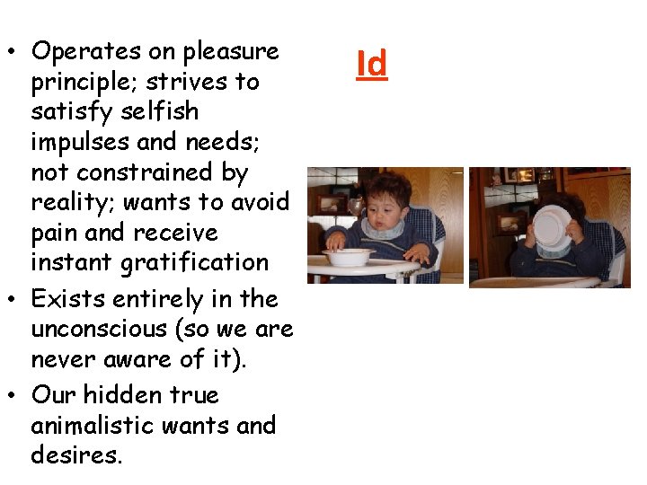 • Operates on pleasure principle; strives to satisfy selfish impulses and needs; not • Operates on pleasure principle; strives to satisfy selfish impulses and needs; not