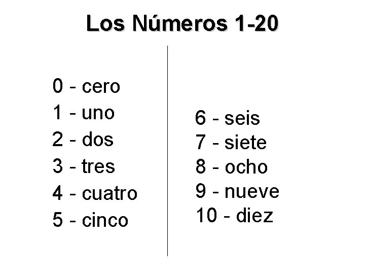 Los Números 1 -20 0 - cero 1 - uno 2 - dos 3